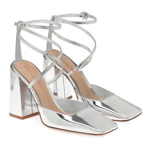 NEW Gianvito Rossi Ludovica Mirrored Chrome Square Toe Block Heel Pumps Silver